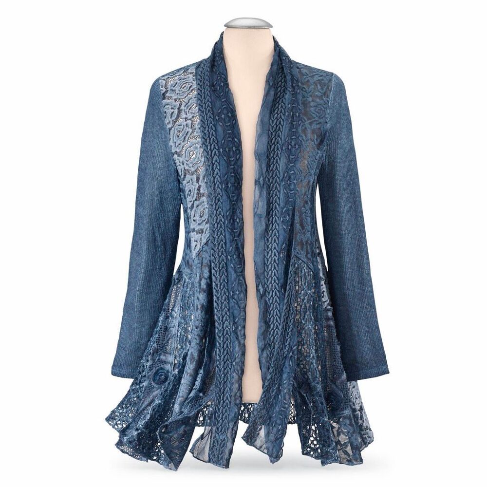 Pyramid Collection Blue Lace Boho Open Front Duster Cardigan Womens 2X NEW